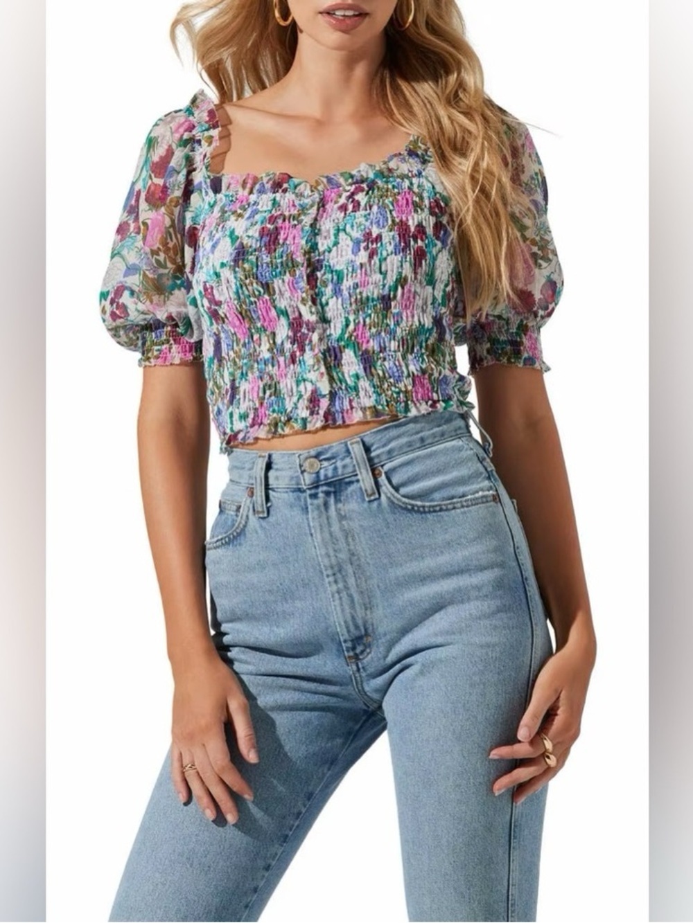 Astr Floral Smocked Crop Top in Pink and Green